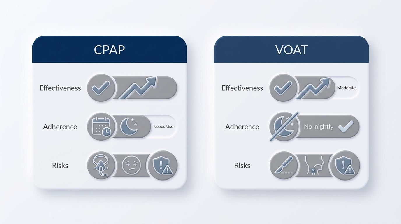 CPAP vs VOAT side-by-side comparison cards for effectiveness, adherence, risks