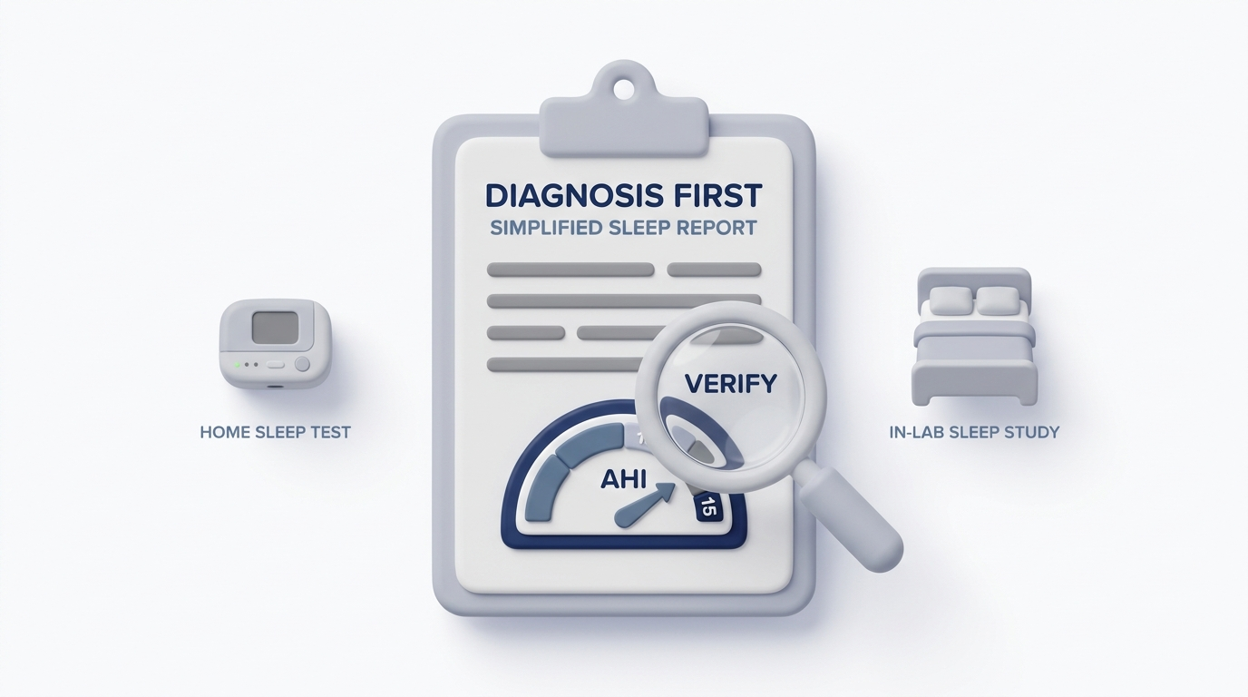 Diagnosis first: clipboard with AHI gauge, home test and in-lab icons, and verify magnifying glass
