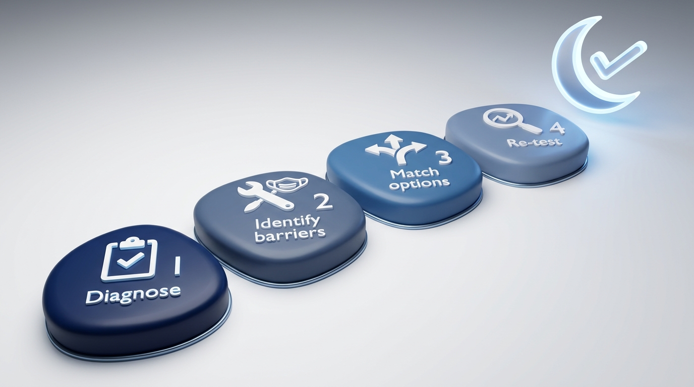 Four-step decision path: diagnose, identify barriers, match options, re-test; moon-with-check endpoint