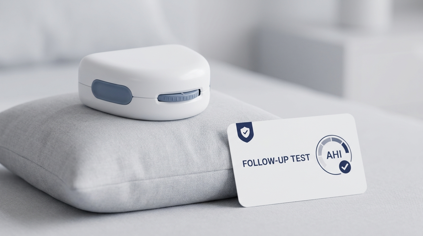 Custom oral appliance on pillow with follow-up test card and checkmark