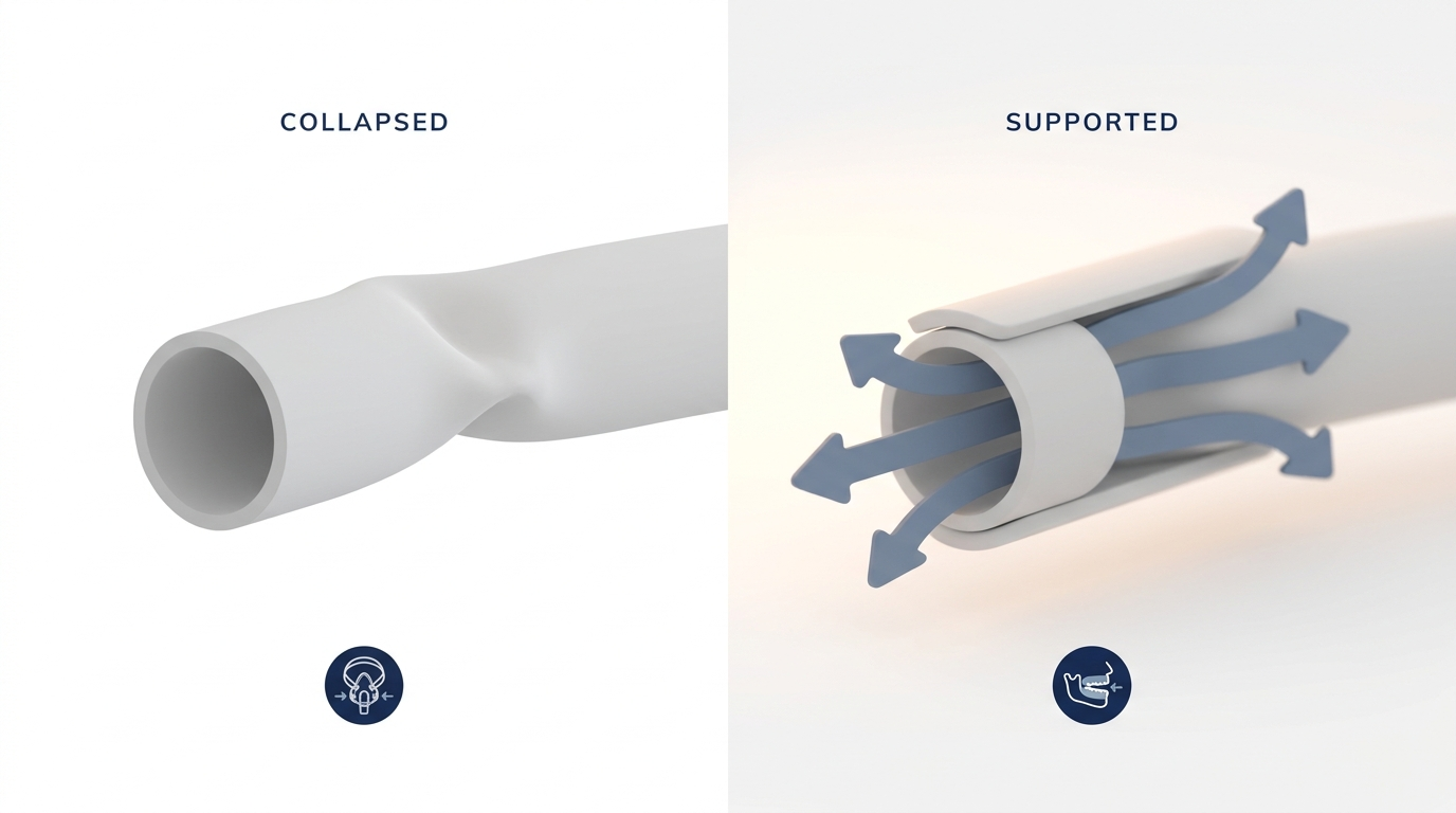 Collapsible airway: left collapsed tube, right supported with airflow; CPAP and jaw-forward badges