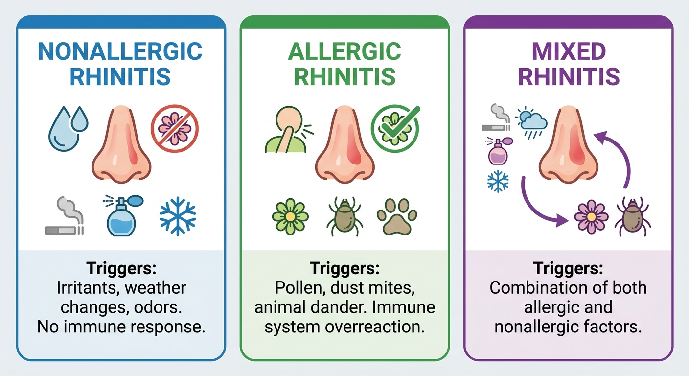 Nonallergic vs Allergic vs Mixed rhinitis—simple side-by-side tiles
