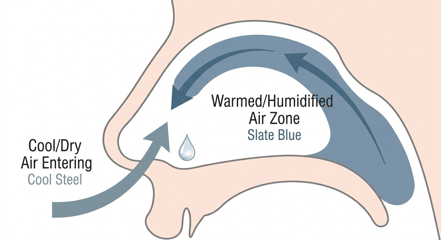 Simplified nasal airflow diagram showing cooling and humidifying