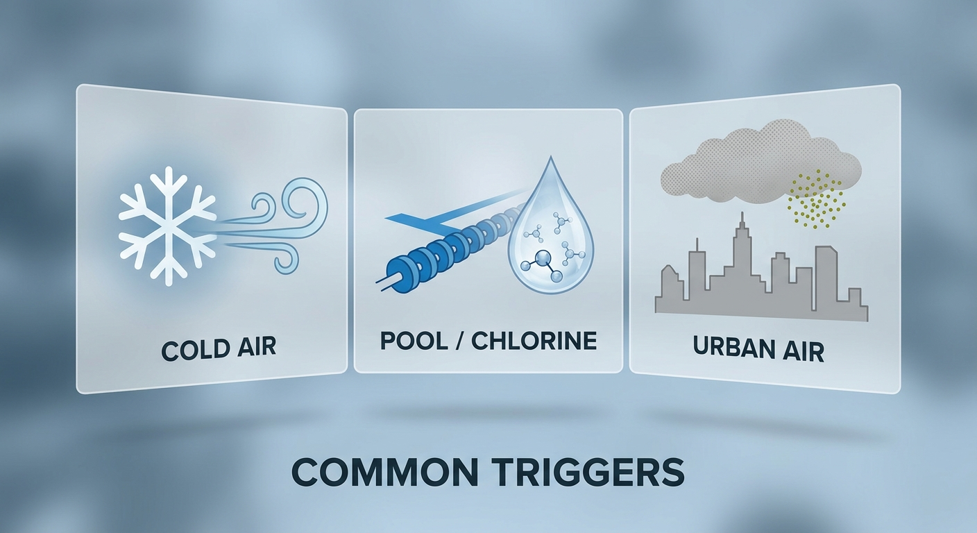 Common triggers: cold air, chlorine, urban air