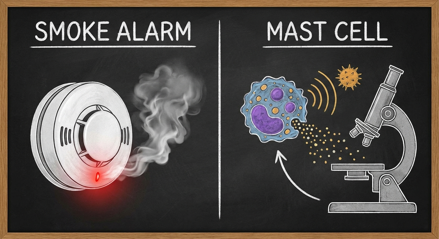Smoke alarm analogy for mast cells