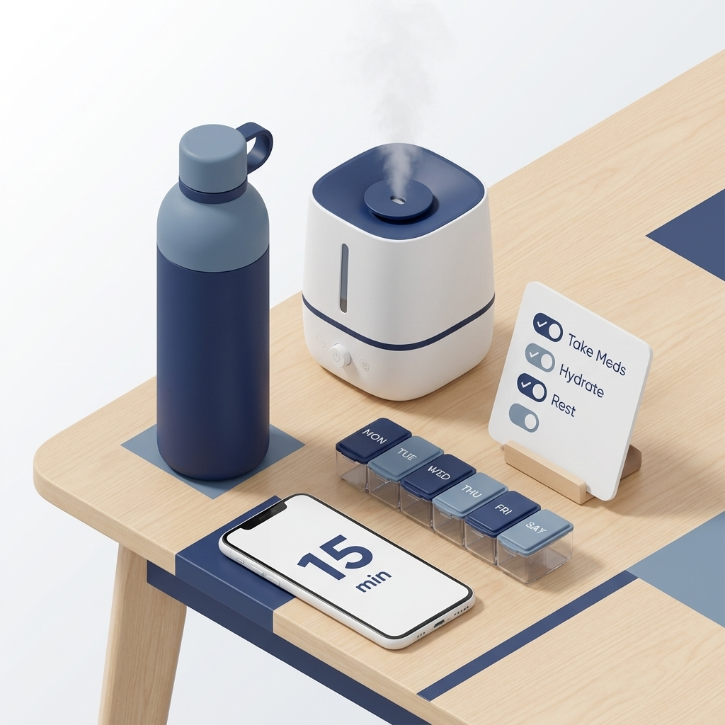 Recovery station with water, timer, med organizer, humidifier