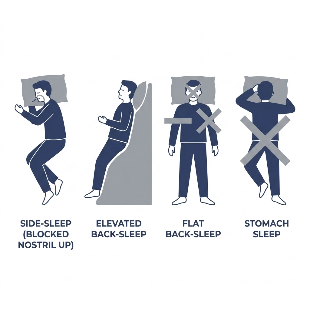 Best sleeping positions ranked: side-sleep blocked nostril up, elevated back-sleep, flat back-sleep X, stomach sleep X