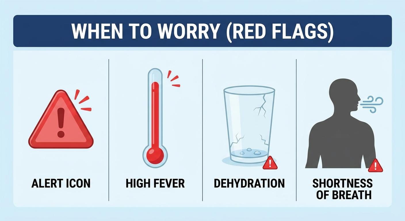 When to worry red flags: alert icon, high thermometer, low water glass, chest silhouette with breath lines.