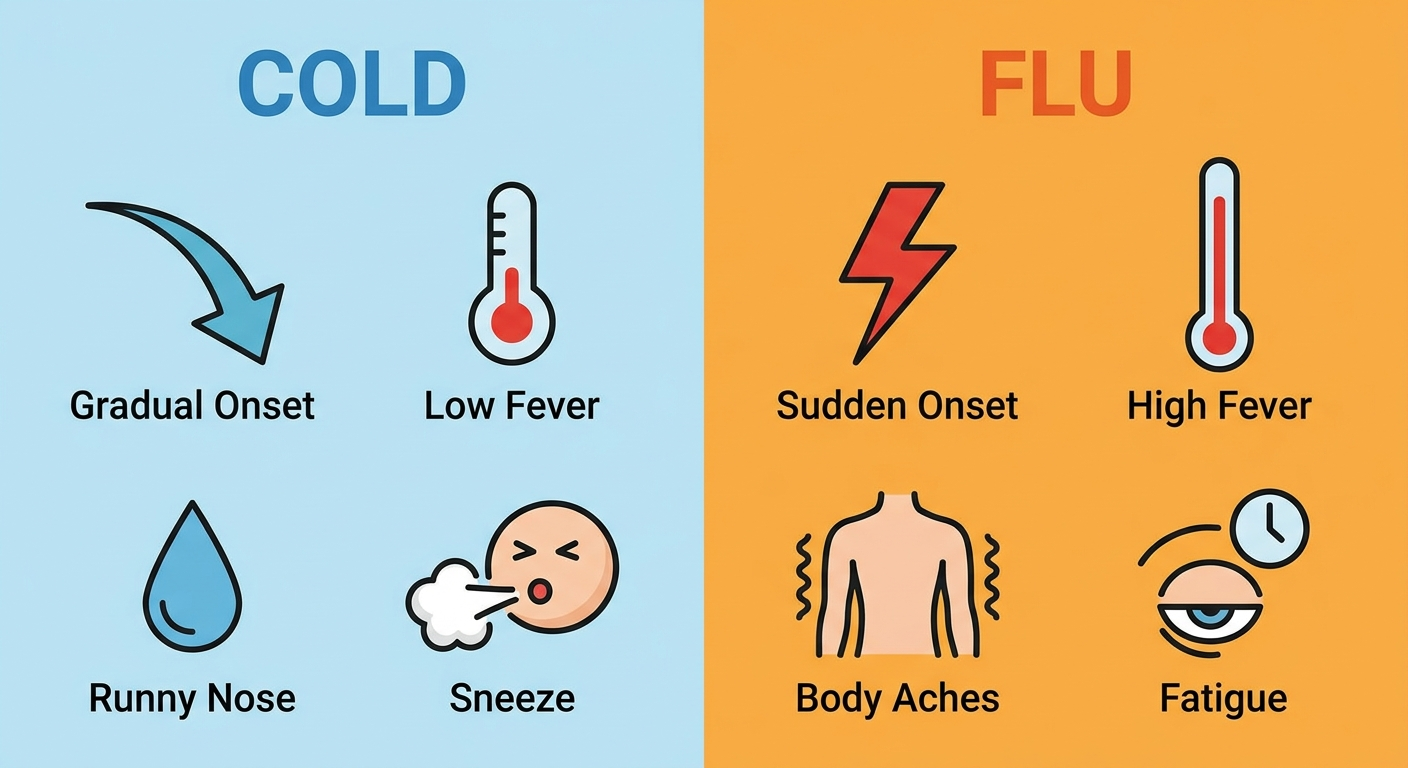 Quick comparison icons for cold vs flu patterns and symptoms