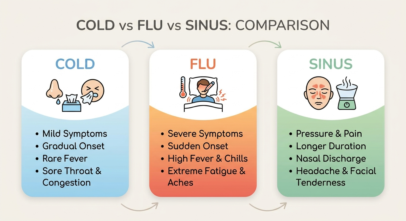 Cold vs Flu vs Sinus comparison tiles with simple icons.