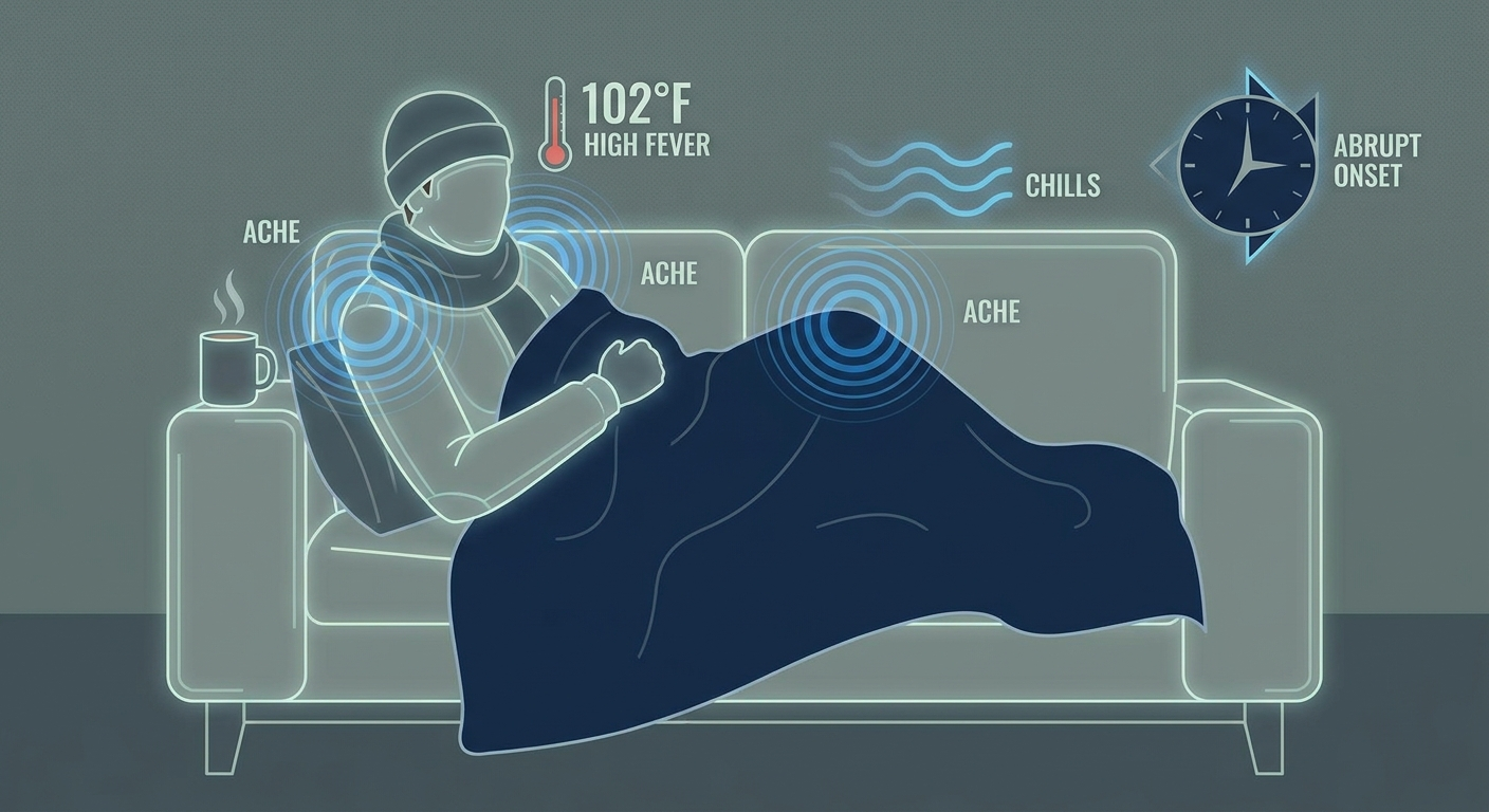 Flu scene showing high fever, aches, chills, and sudden onset