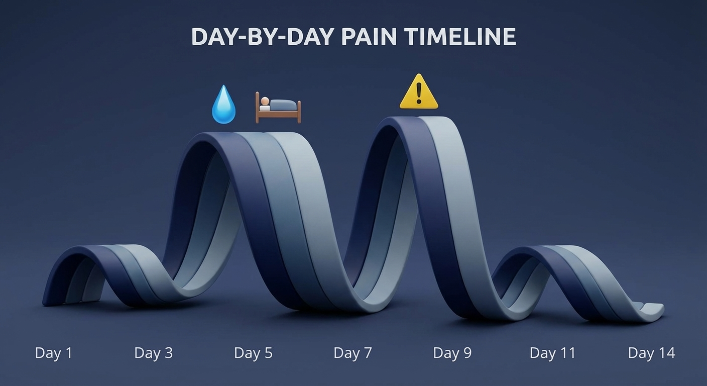 Day-by-day pain timeline with peaks around days 3–8 and 5–10