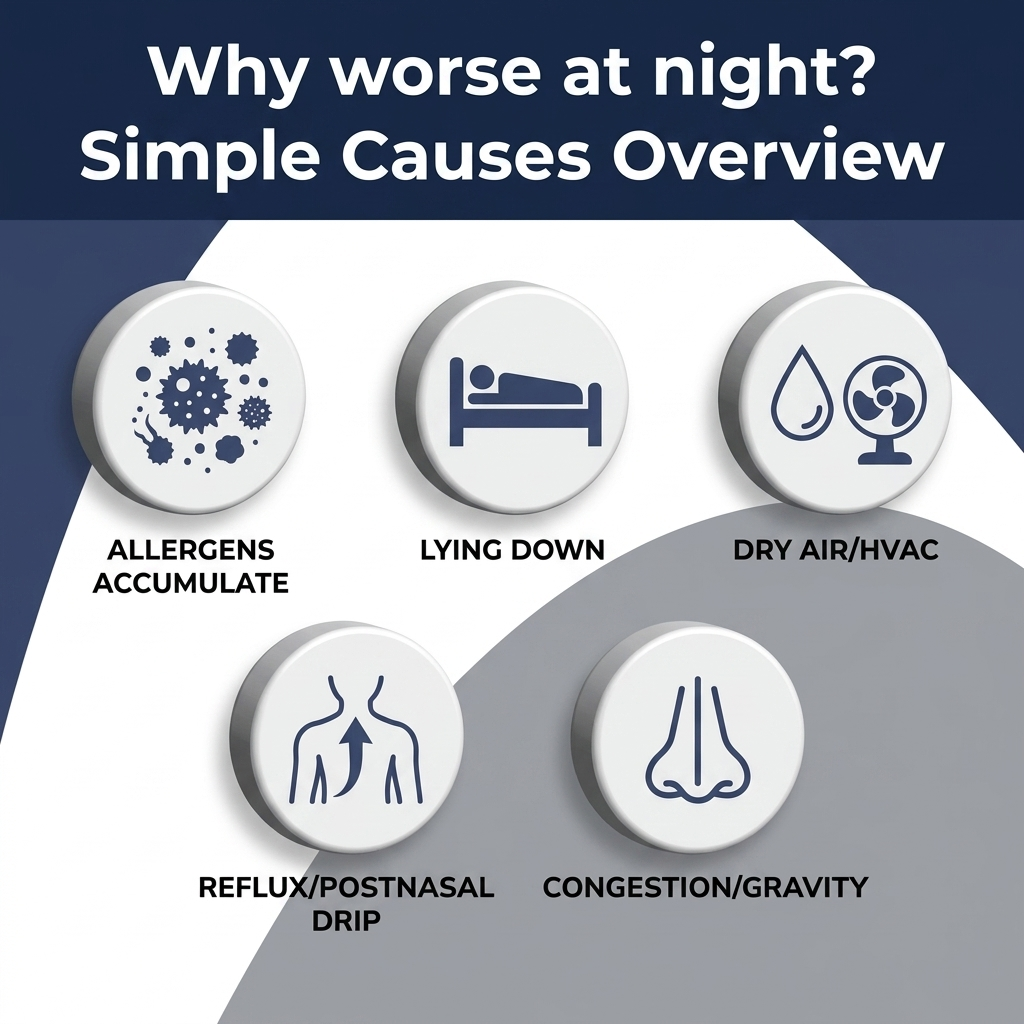 Overview of nighttime sinus causes: allergens, lying flat, dry air or irritants, reflux, and structural issues icons