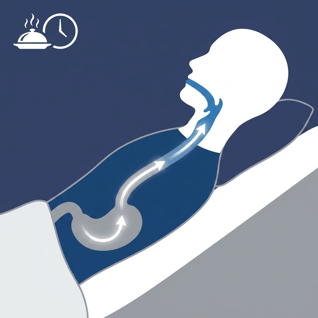 Nighttime reflux path up the esophagus while lying on an incline, with a meal-timing cue