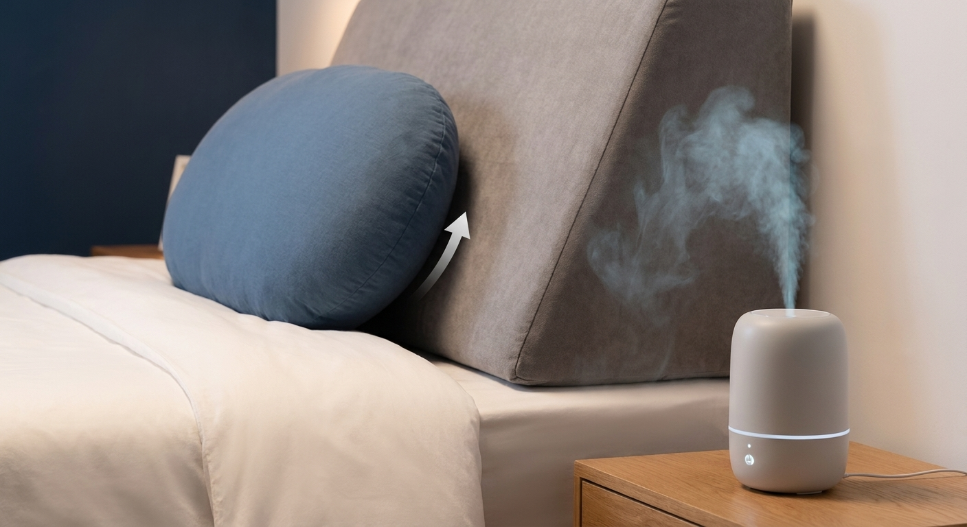 Wedge pillow elevation and a clean humidifier emitting soft mist for quick relief