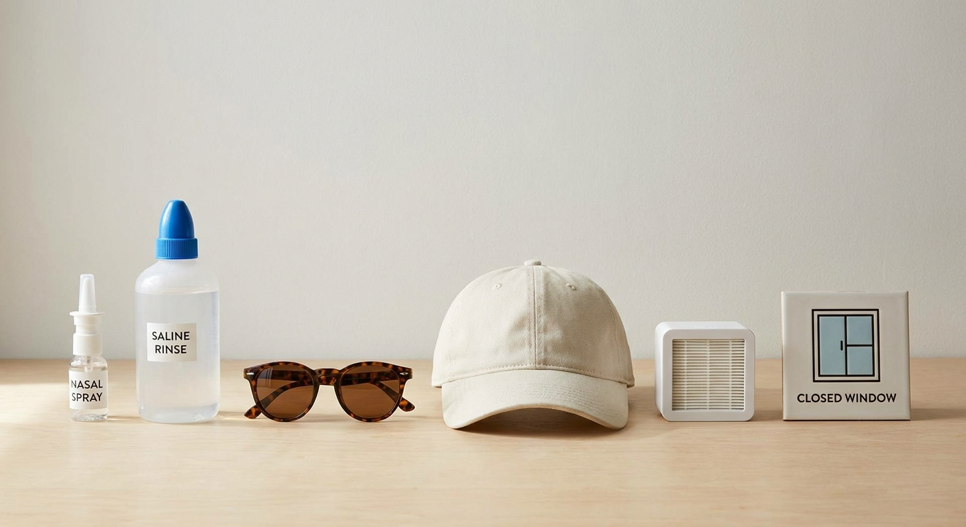 Allergy toolkit: sprays, rinse, sunglasses, hat, HEPA, closed window