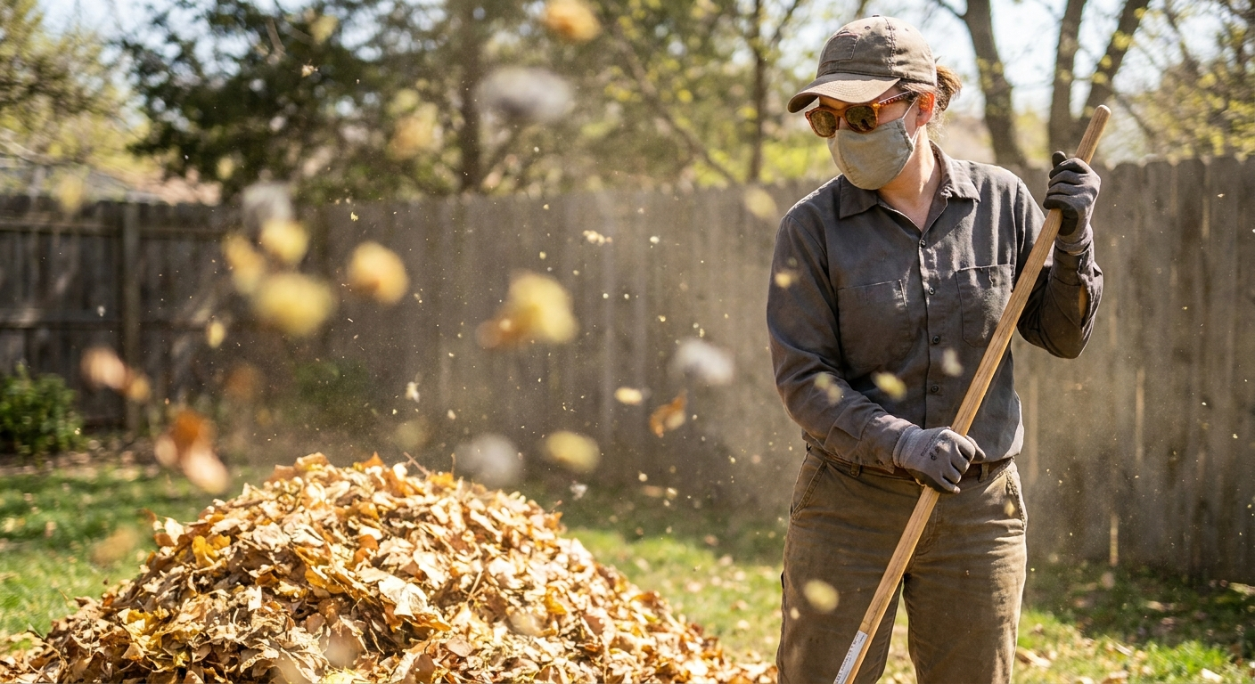 Outdoor yard-work protection with sunglasses, cap, and mask near leaf pile