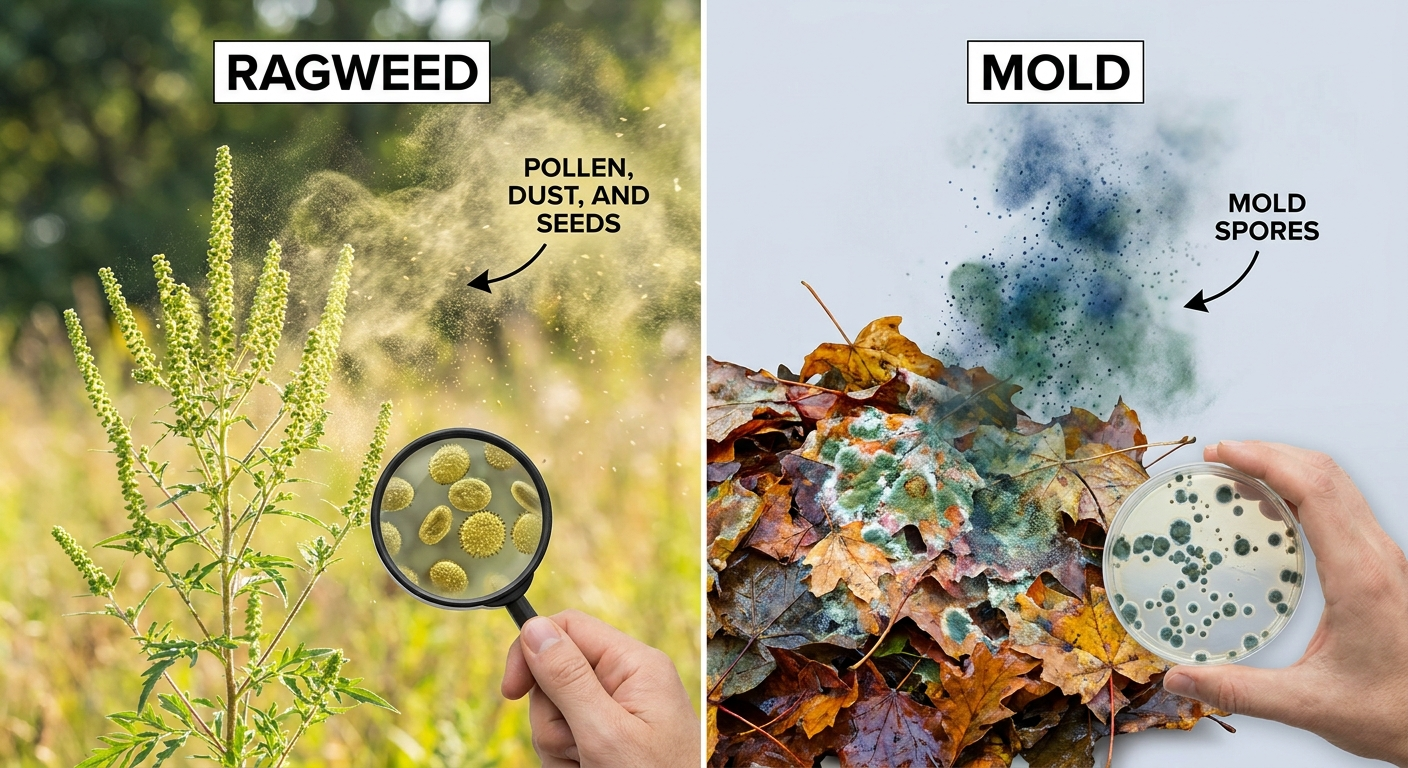 Split scene comparison: ragweed releasing pollen vs. mold from a damp leaf pile