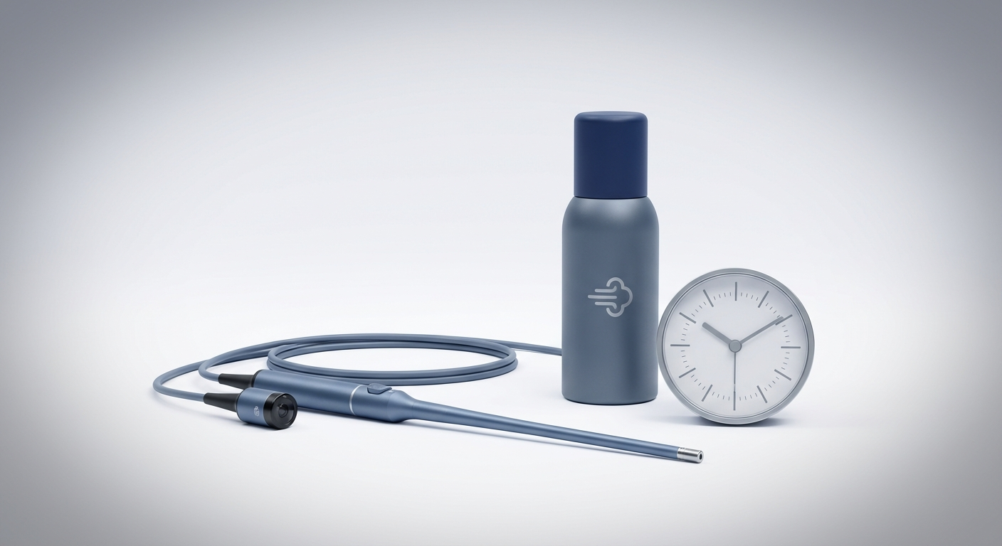 Endoscope, nasal spray, and clock representing tools and comfort in care