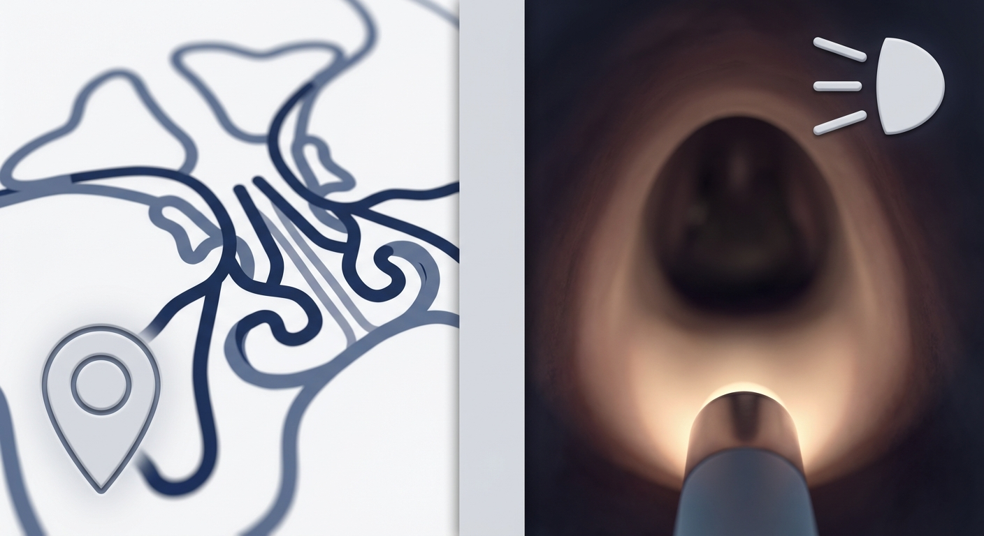 CT map alongside endoscope tip shining light into nasal passage