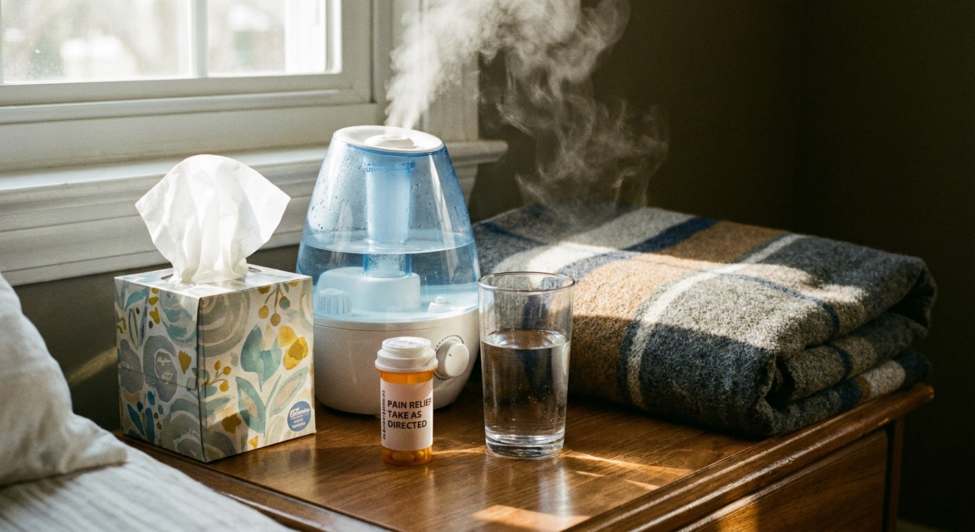 At-home care essentials: tissue box, cool-mist humidifier, pill bottle, water glass, folded blanket.