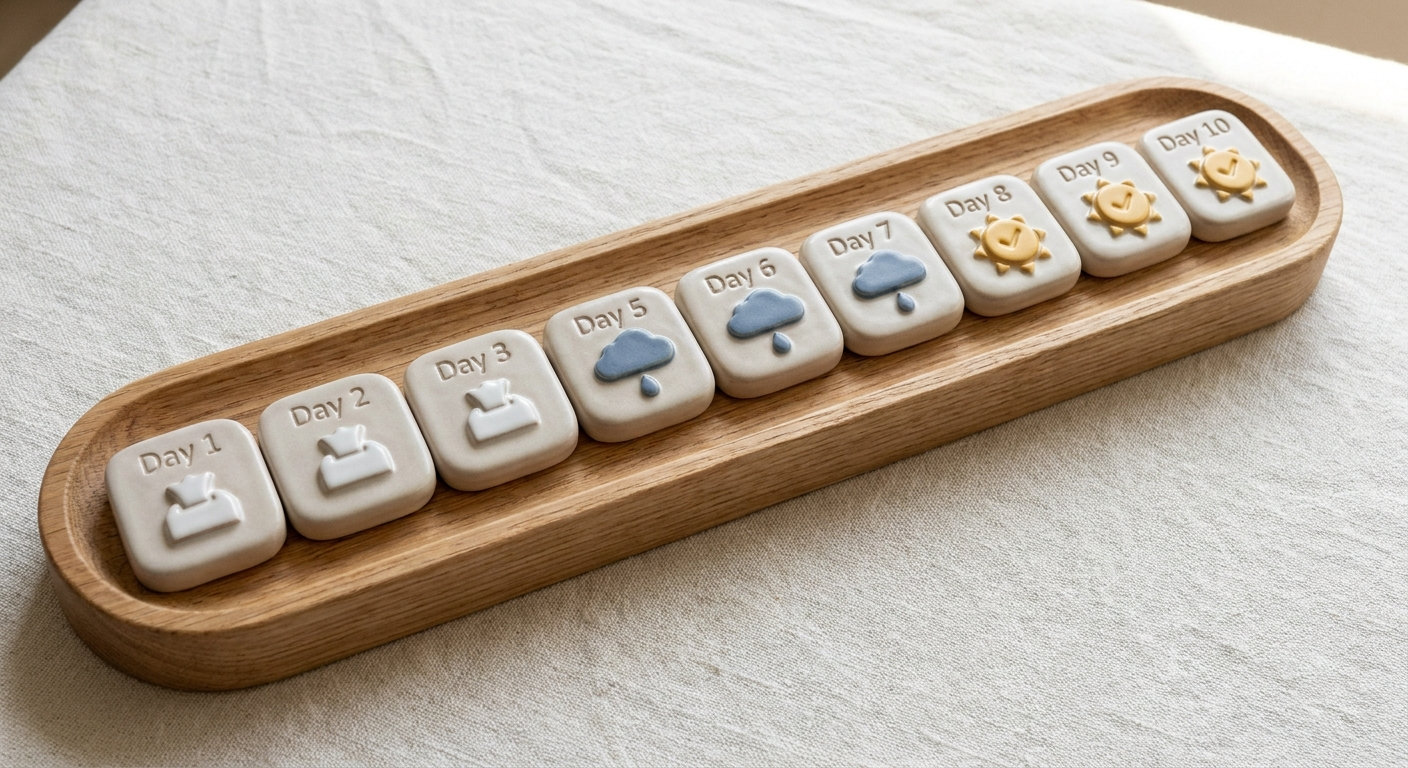 Day-by-day timeline tiles for cold symptoms days 1–10