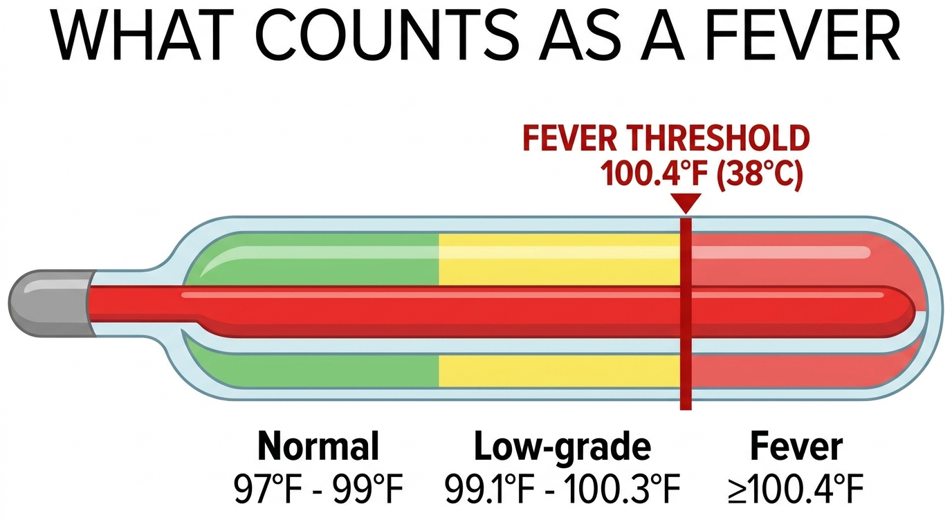 What counts as a fever thermometer bar with Normal, Low-grade, and Fever segments, marker at 100.4°F.