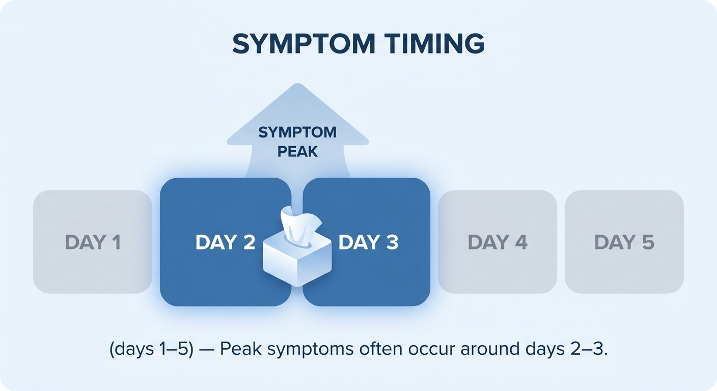 Symptom timing days 1–5 with days 2–3 emphasized as the peak.