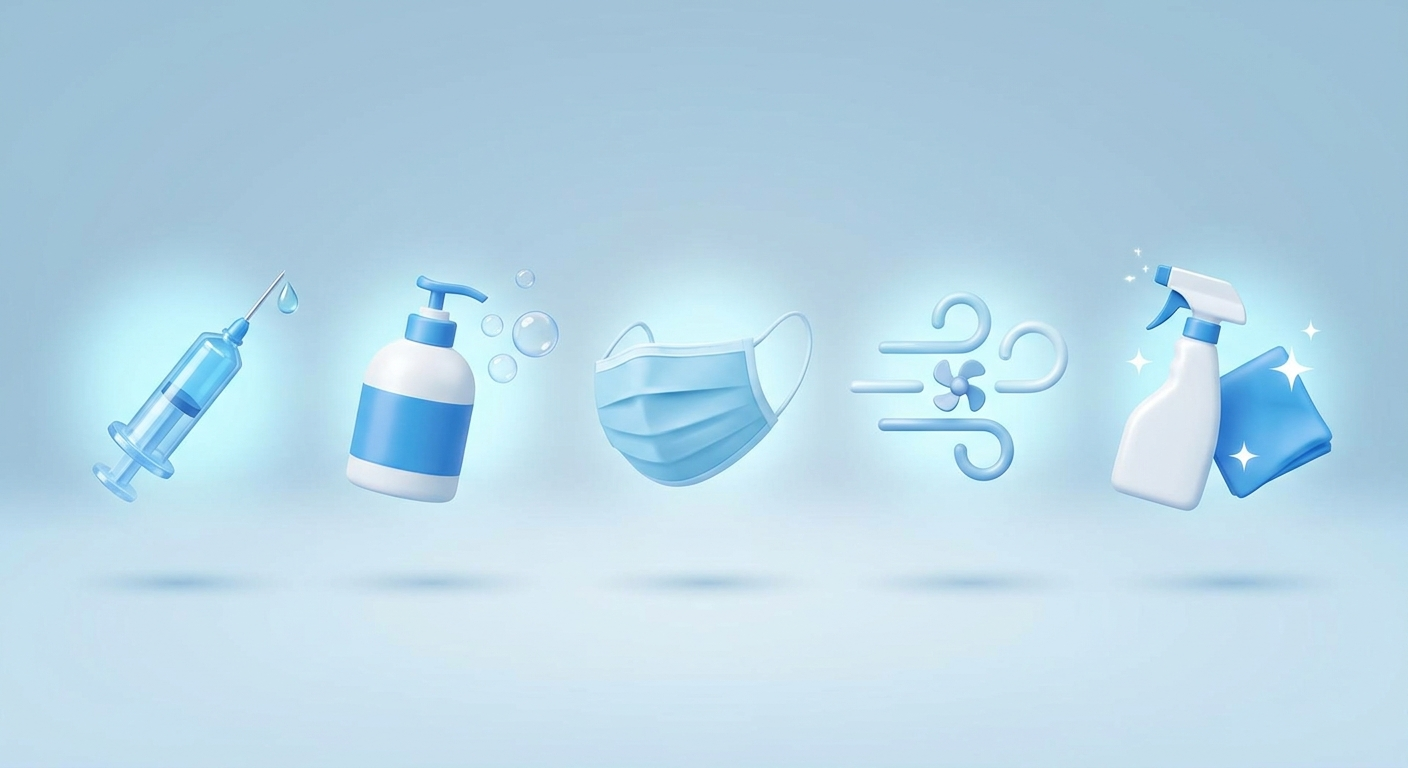 Prevention toolkit icons: vaccine, soap, mask, airflow, cleaning supplies