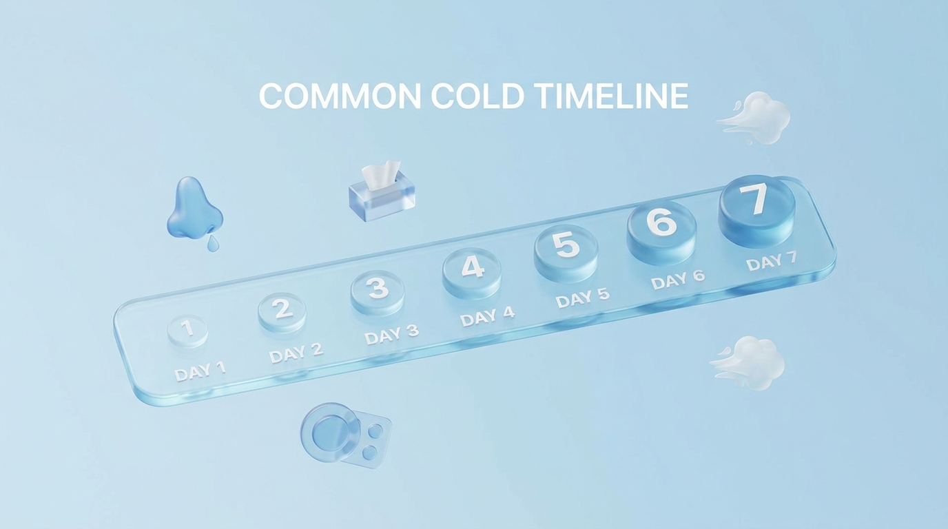 Common cold symptom timeline from days 1–7 with gentle progression