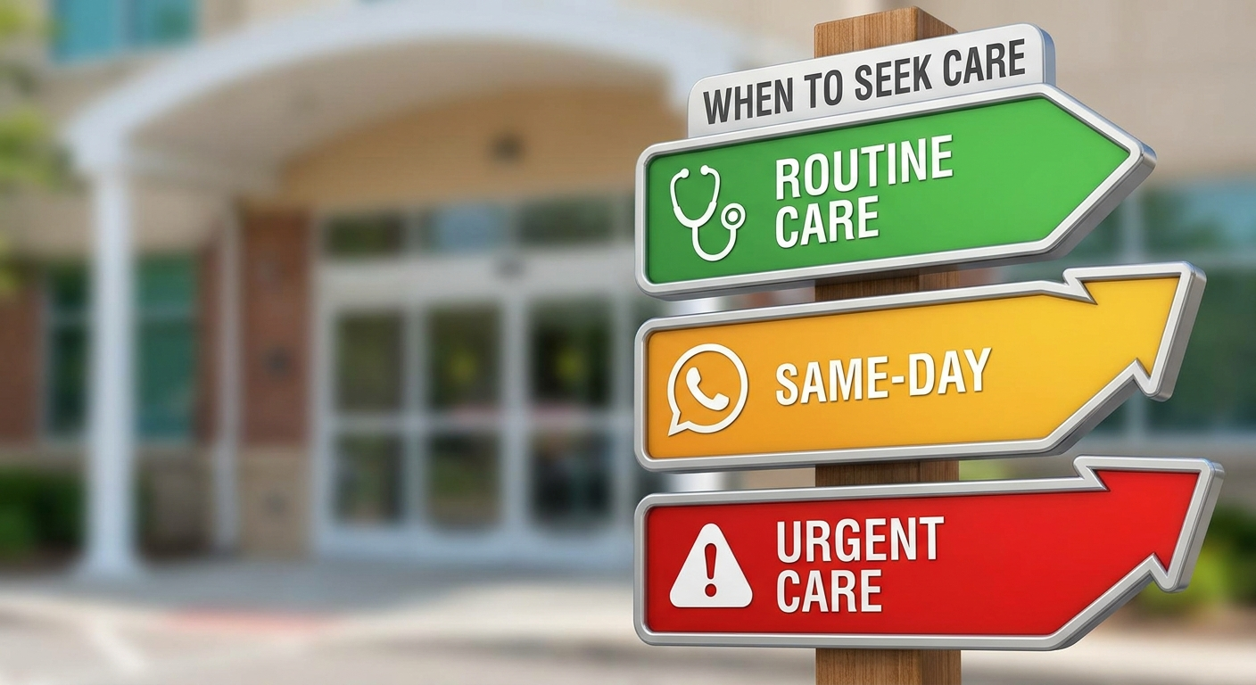 Signpost illustrating routine, same-day, and urgent care levels
