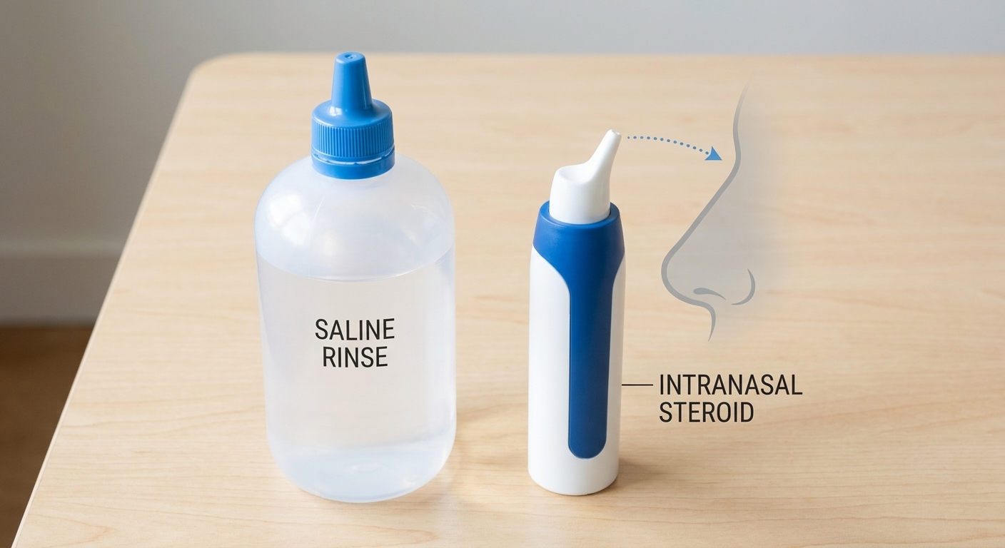 High-volume saline squeeze bottle and a nasal steroid spray with outward aiming cue