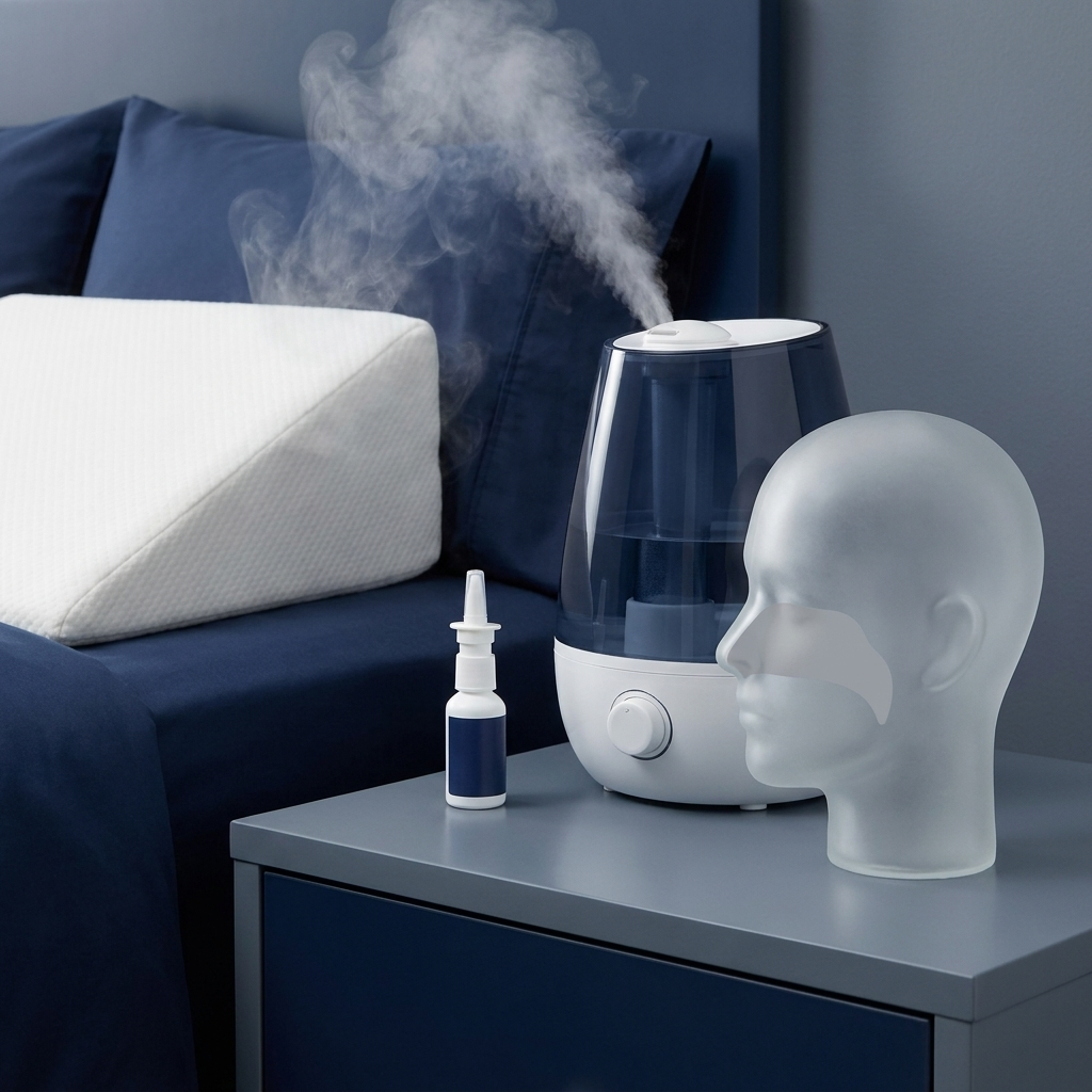 Both nostrils blocked: wedge pillow, humidifier, saline spray on bedside