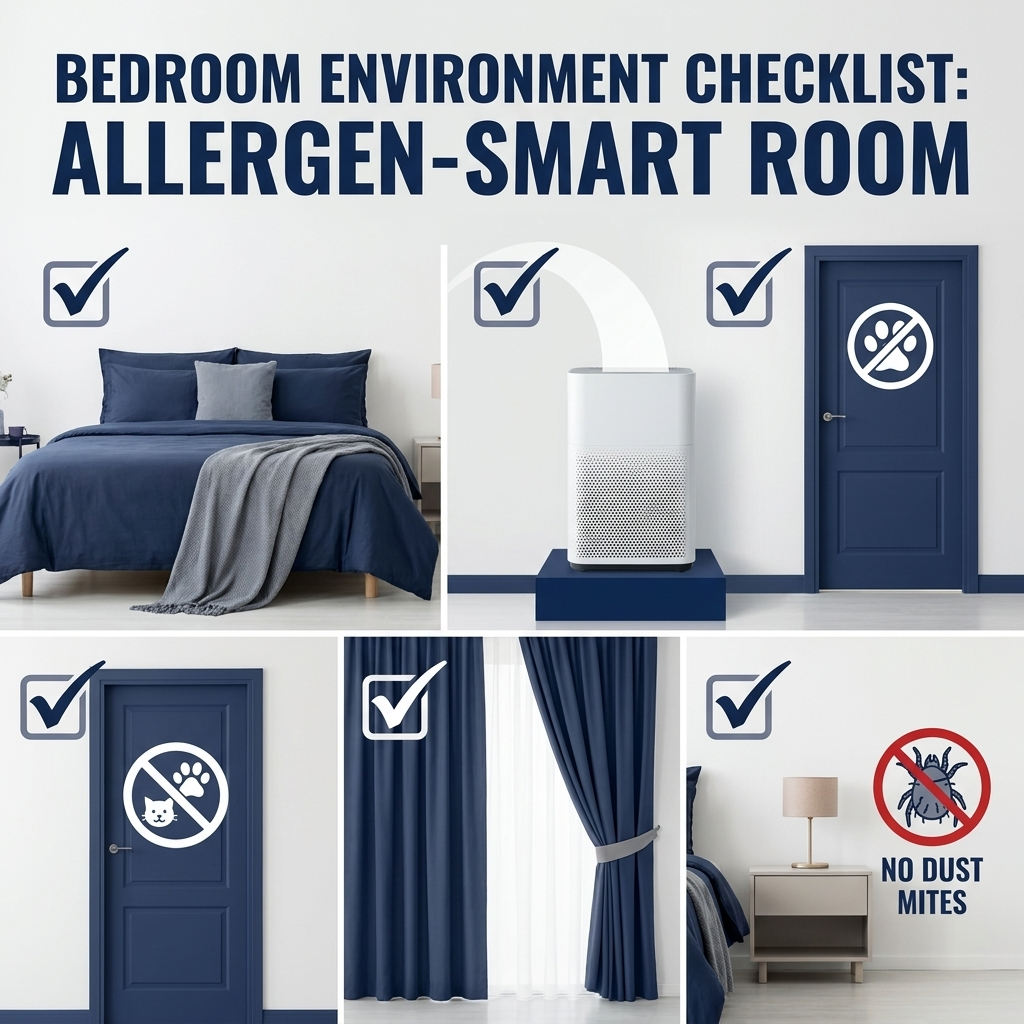 Bedroom environment checklist: HEPA purifier, no pets, simple drapes, dust-mite reduction