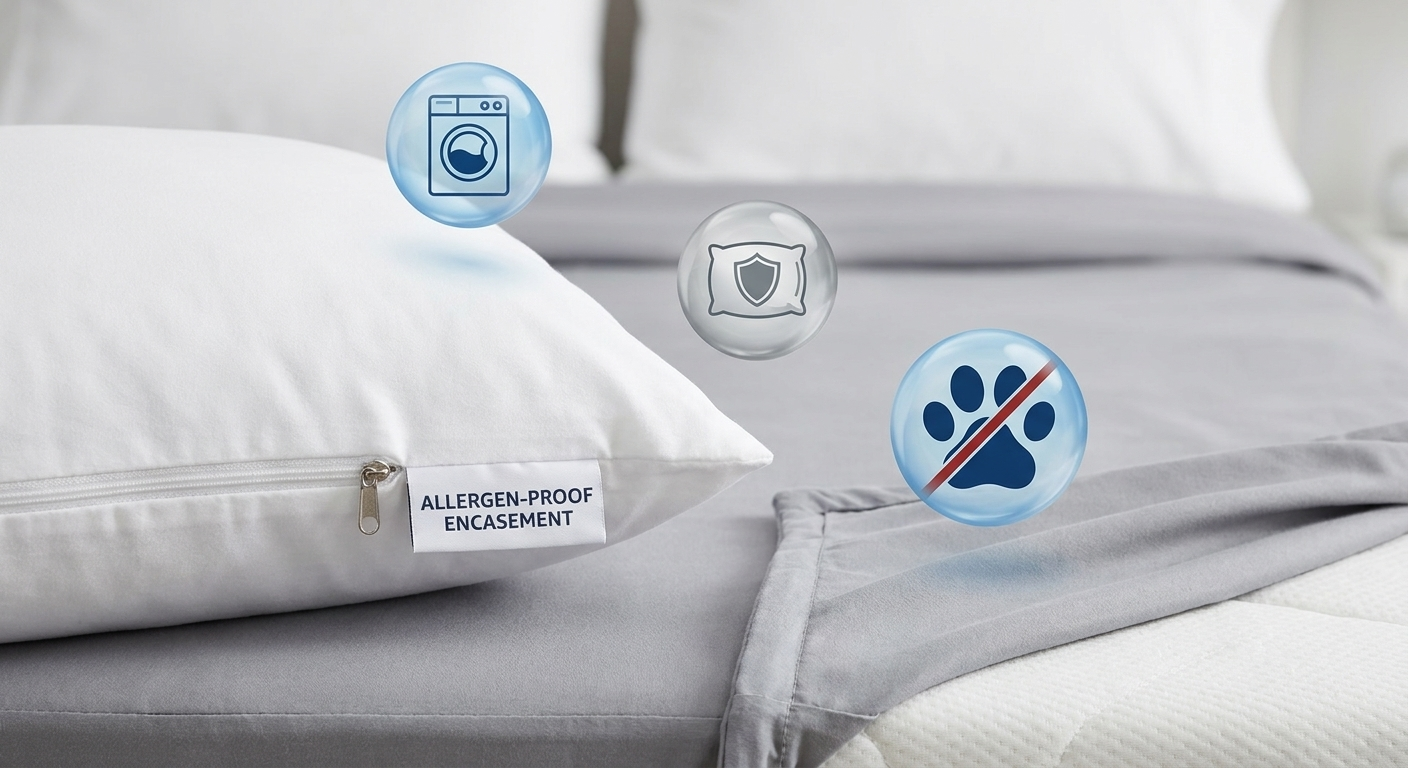 Allergen-proofing: encased pillow zipper tag, mattress corner, wash, protect, and no pets icons