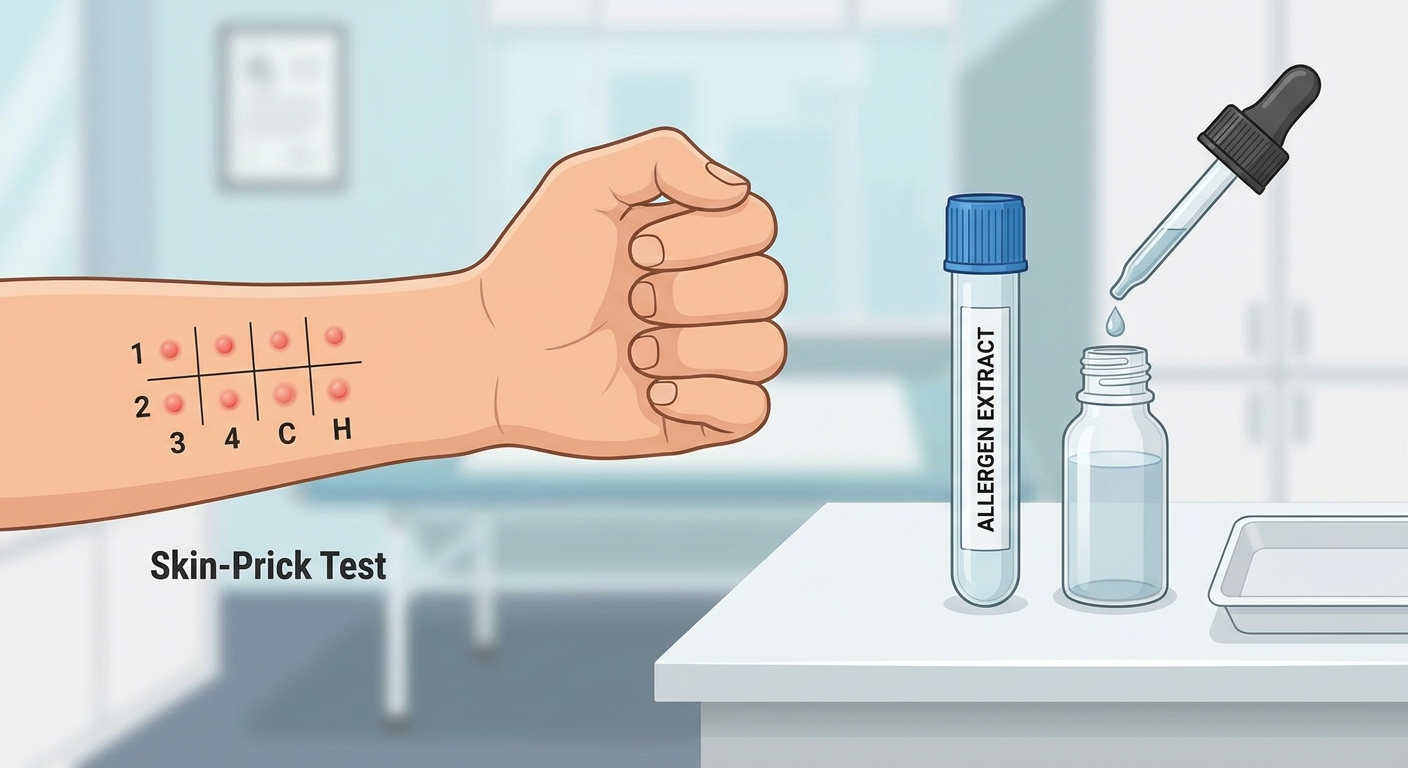 Allergy testing: skin-prick dots and IgE blood vial