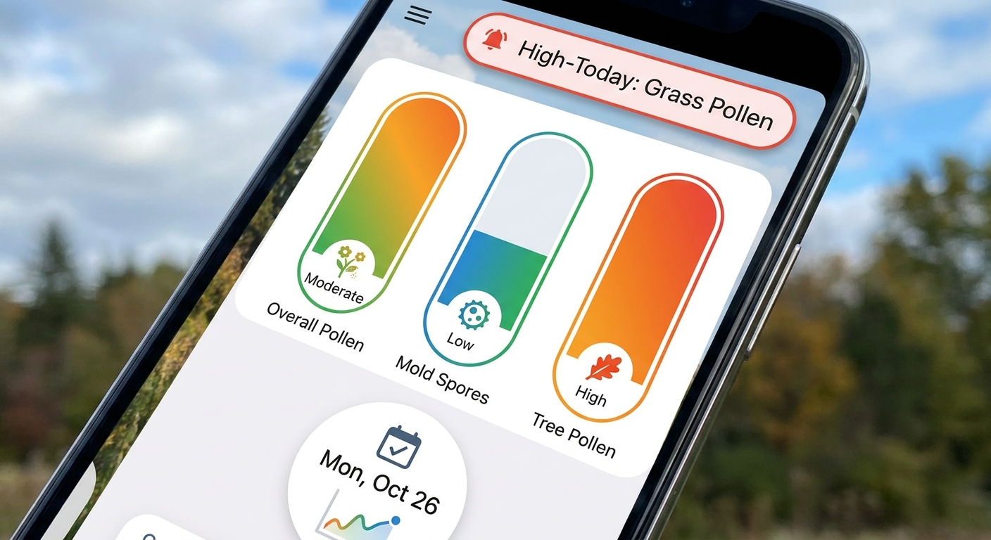 Smartphone dashboard showing daily pollen and mold monitoring alerts