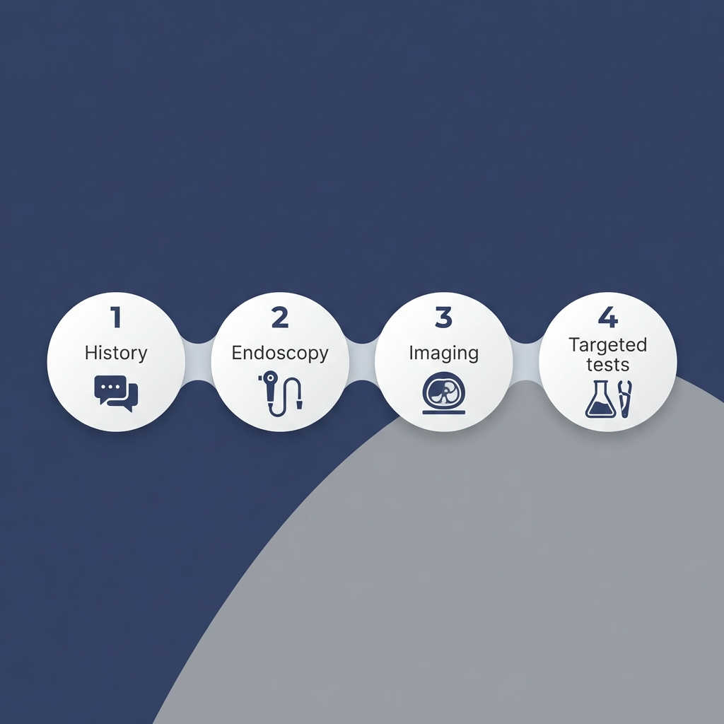 Four-step diagnosis timeline: history, endoscopy, imaging, targeted tests