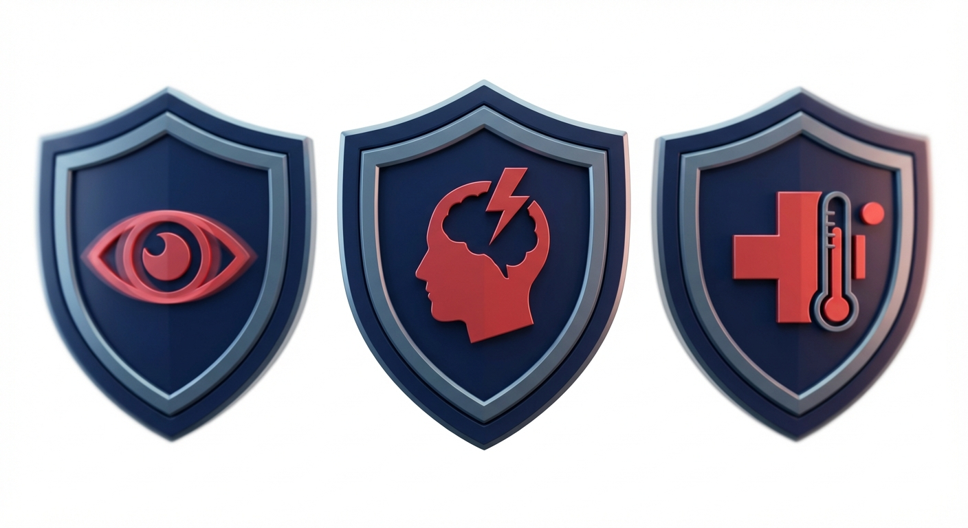 Shield icons for red flags: vision, neurologic, fever