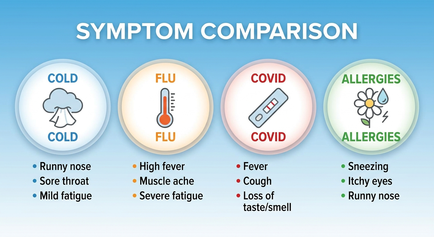 Cold vs flu vs COVID vs allergies icons comparison
