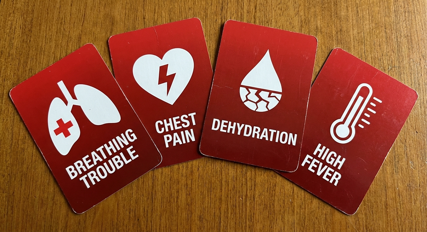 Alert cards showing red flags like breathing trouble, chest pain, dehydration, high fever