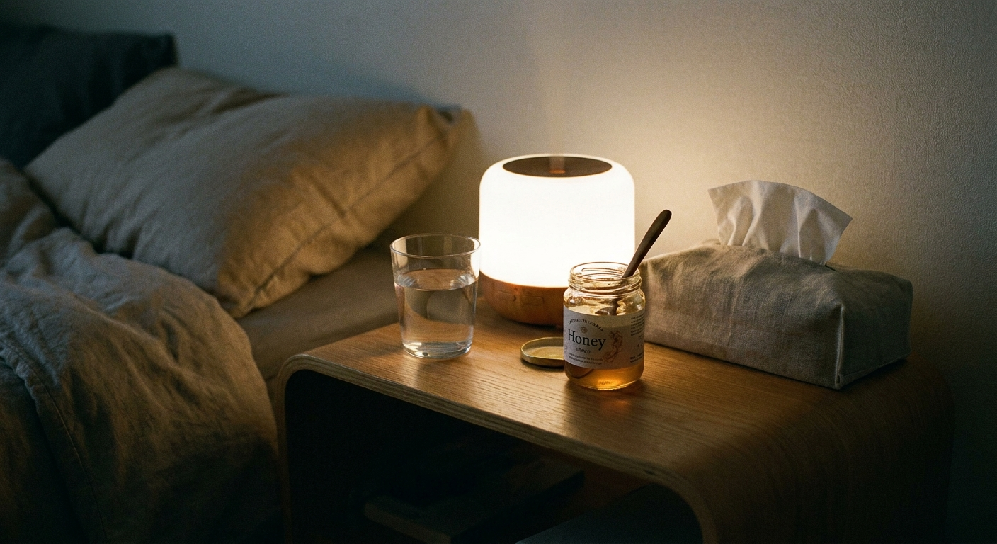 Nighttime relief setup with humidifier, water, honey, and tissues on a bedside table