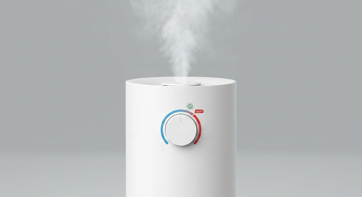Humidifier with humidity dial showing over-humidity risk