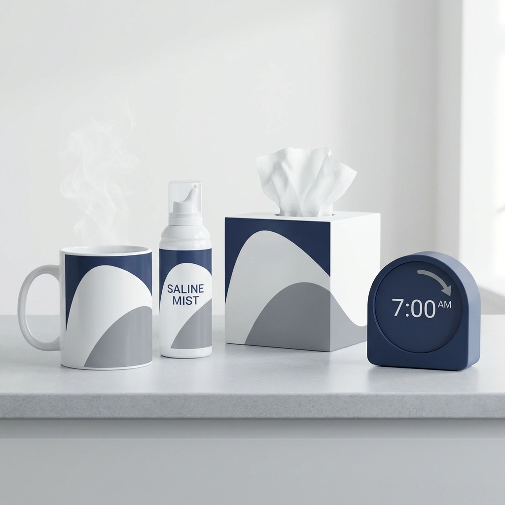 Morning reset essentials: steam, saline spray, tissue box, alarm clock