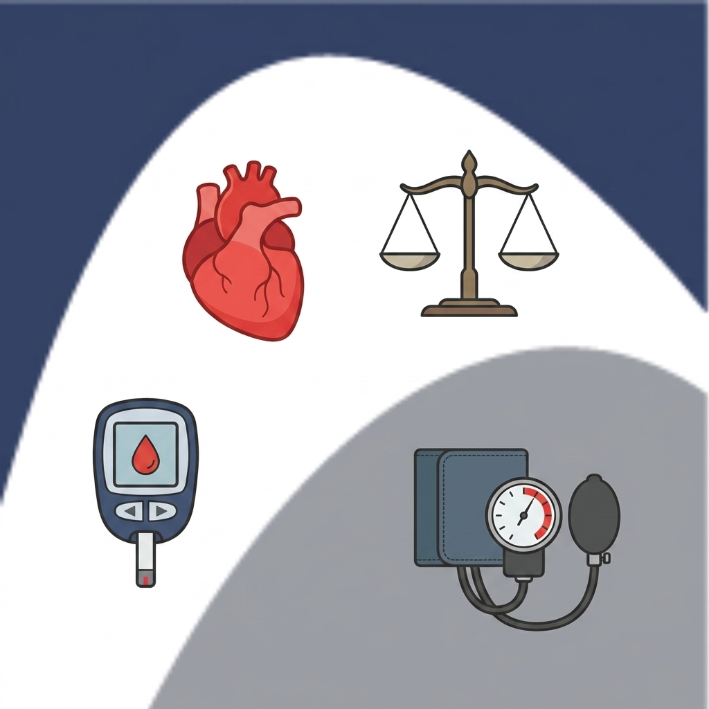 Health risks icons: heart, scale, glucose meter, blood pressure gauge