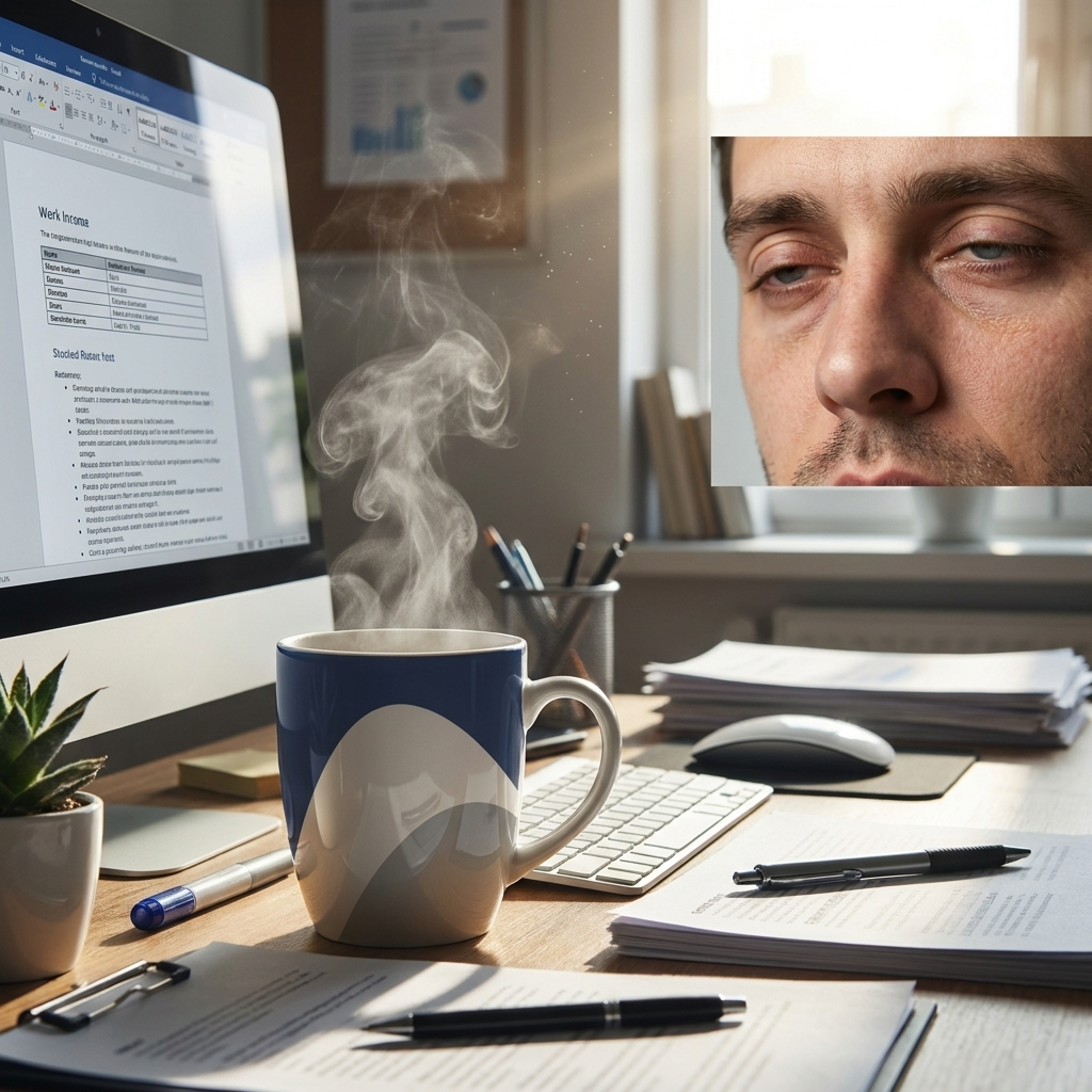 Daytime sleepiness at desk with coffee mug and heavy eyelids