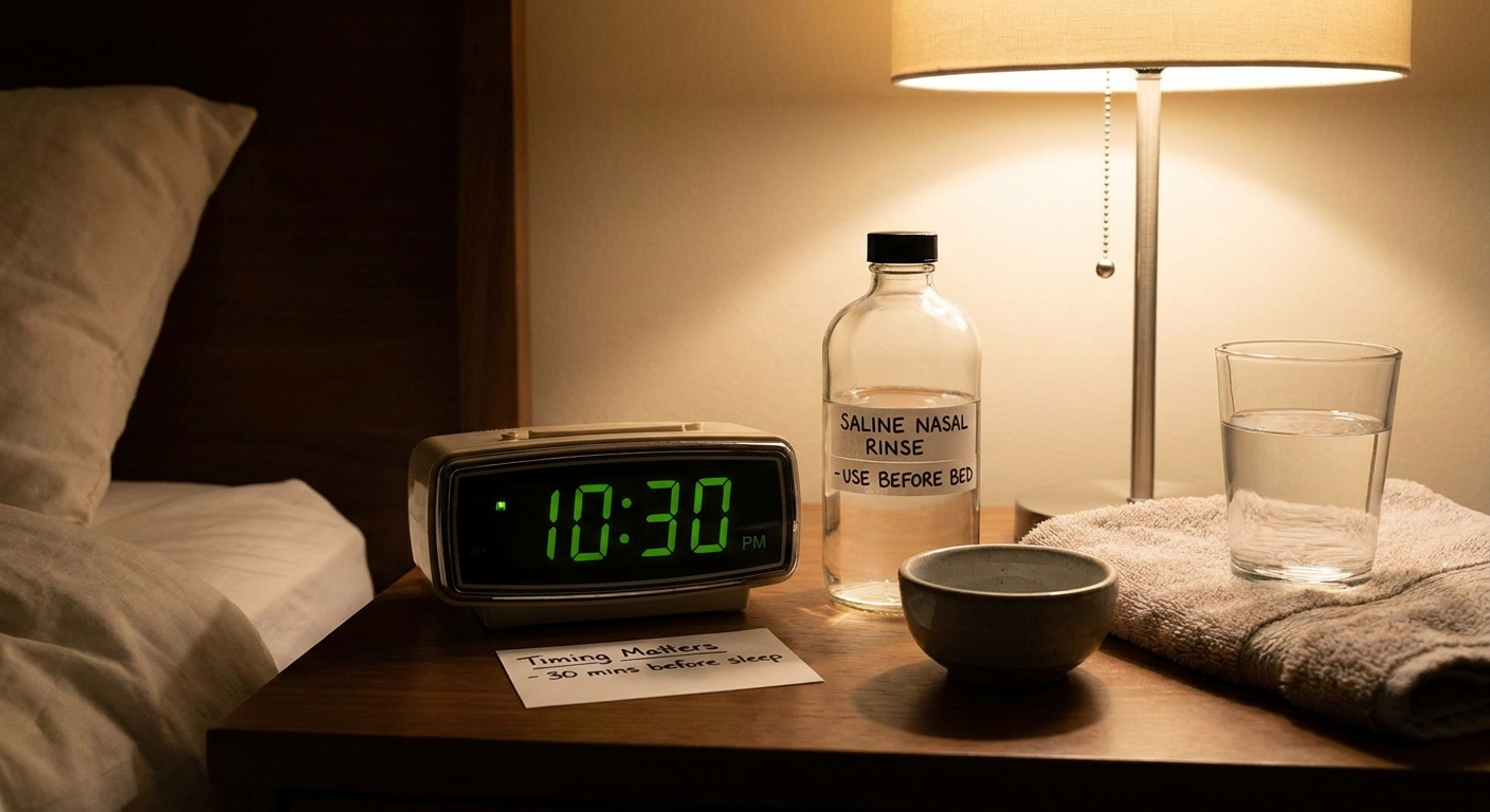 Saline rinse before bed—timing matters with clock and saline bottle