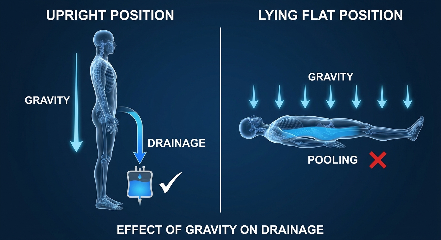 Gravity effect—upright vs. lying flat drainage in a two-panel comparison
