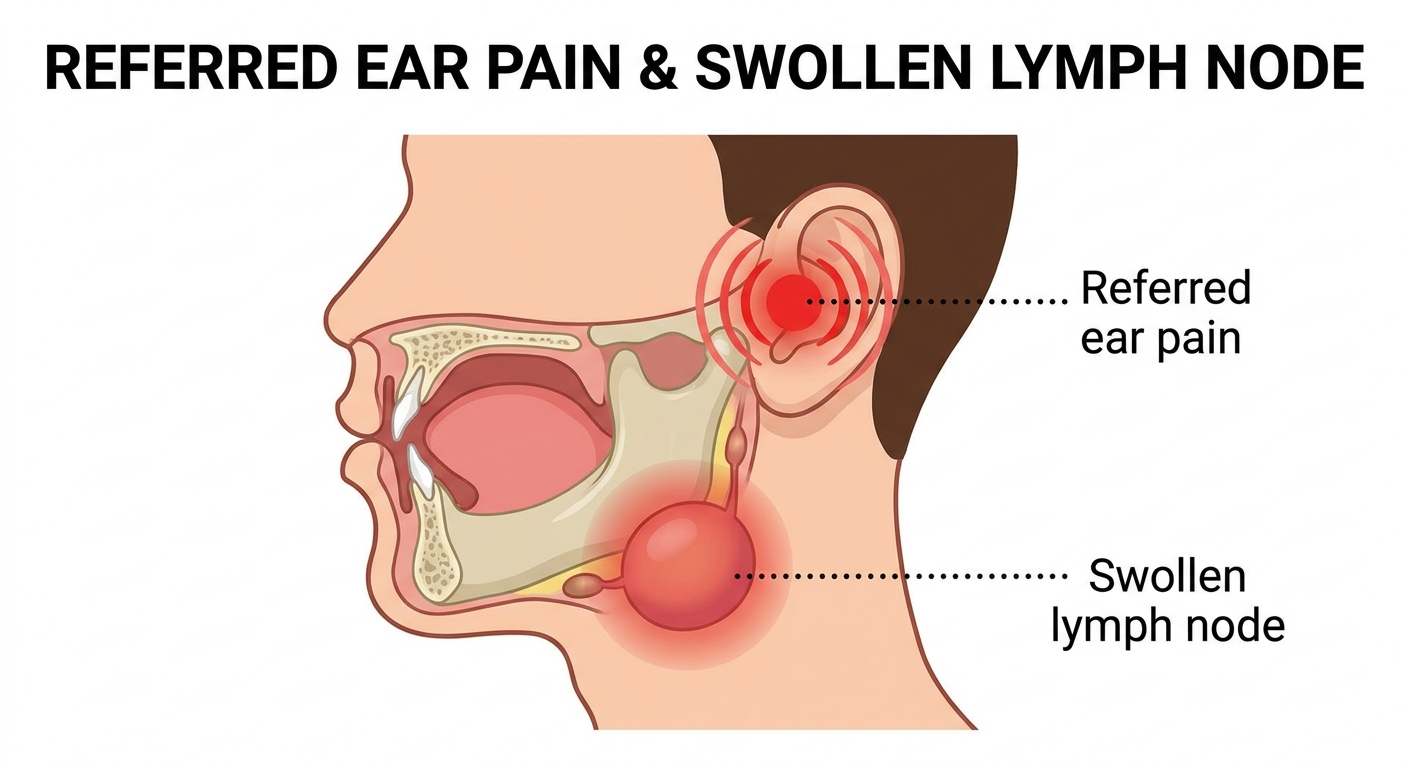 Swollen lymph node and referred ear pain on the same side