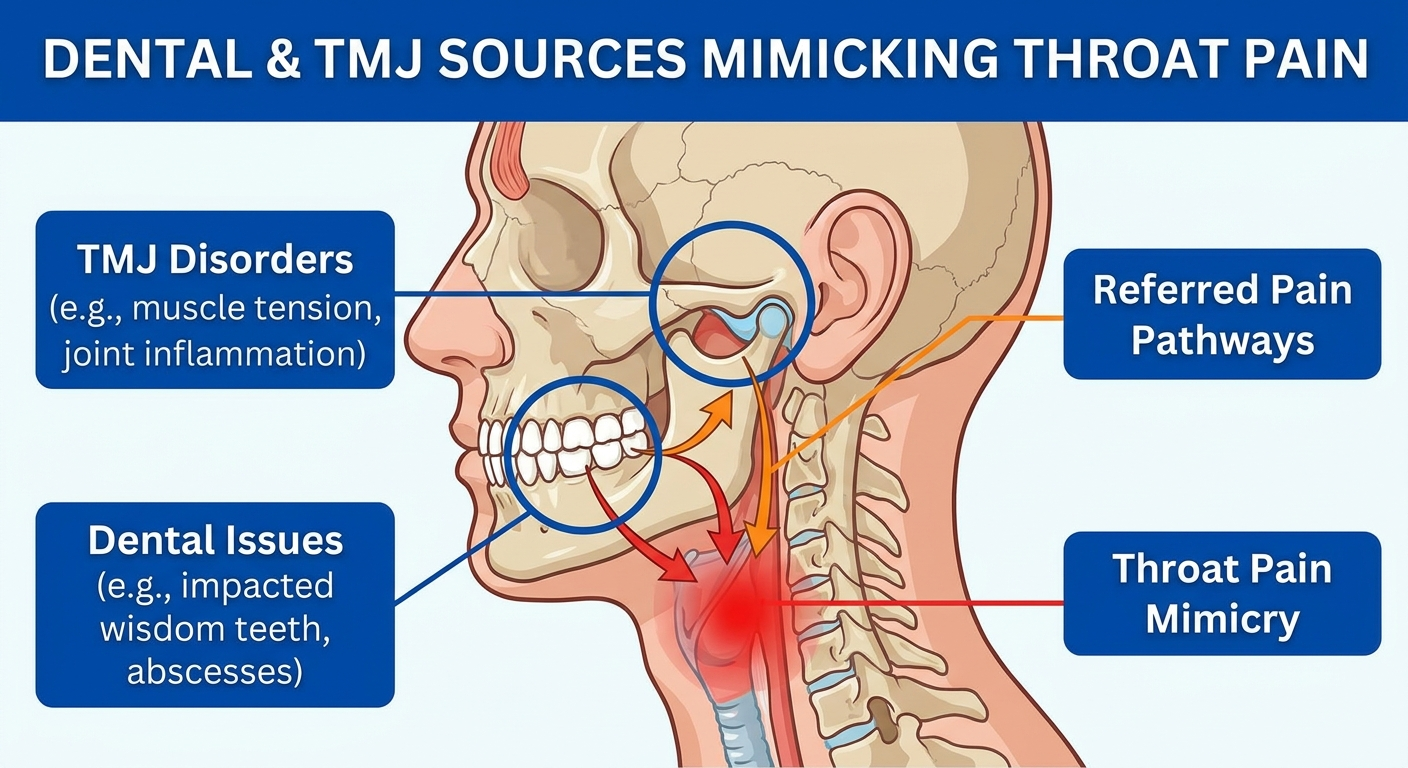 Dental and TMJ sources that can mimic throat pain